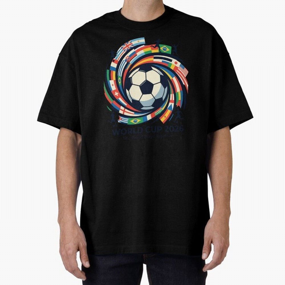 2D World Cup 2026 Football Spiral Flag Design T-Shirt Oversized T-Shirt Step into FIFA World Cup 2026 USA Canada Mexico Driven by CR7 and Messi, Argentina and Brazil Energy, Worldwide Fan Energy, Dramatic Goals, Stadium Lights and Championship