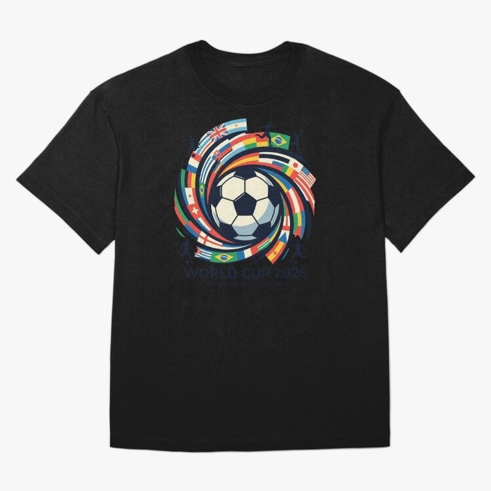 2D World Cup 2026 Football Spiral Flag Design T-Shirt Oversized T-Shirt Step into FIFA World Cup 2026 USA Canada Mexico Driven by CR7 and Messi, Argentina and Brazil Energy, Worldwide Fan Energy, Dramatic Goals, Stadium Lights and Championship