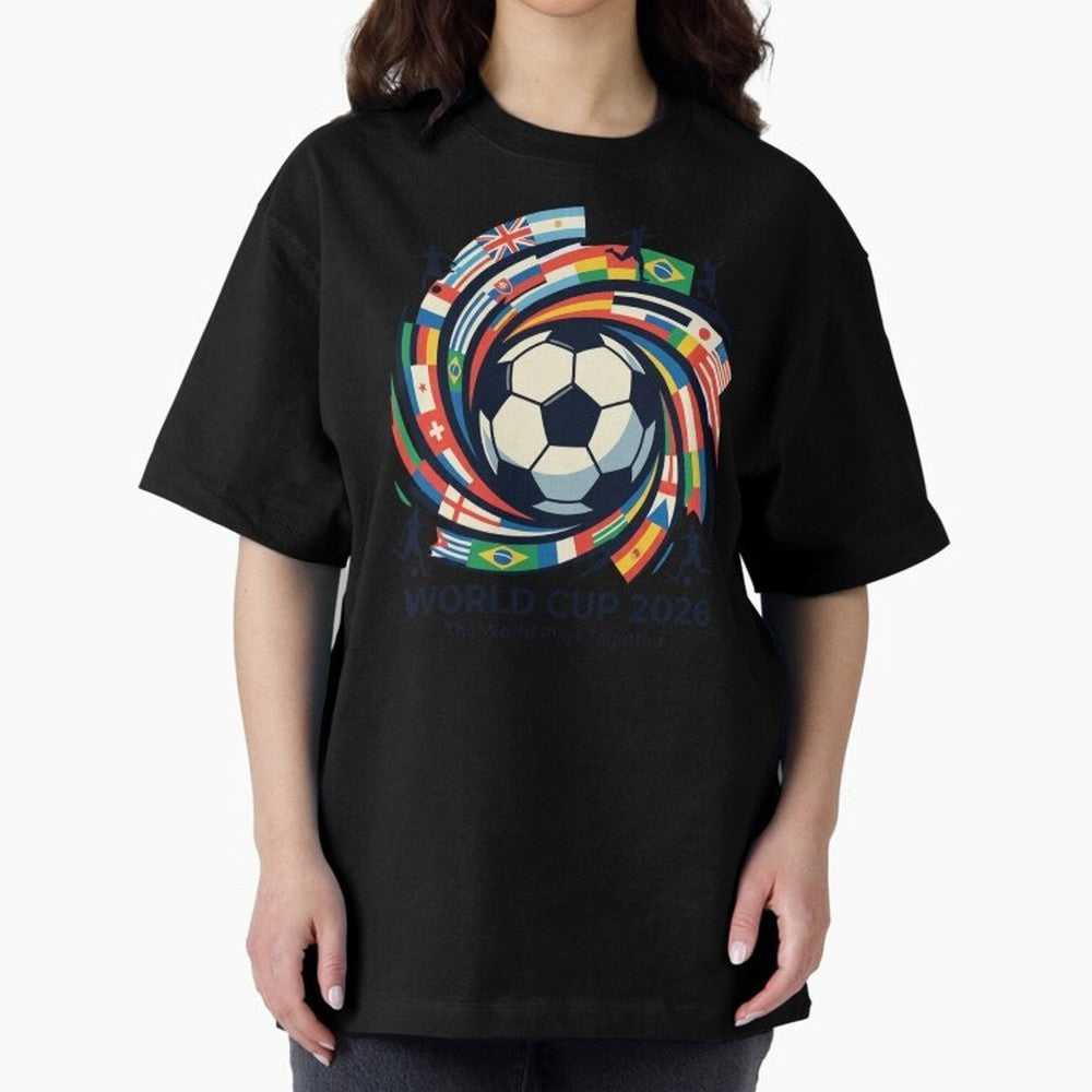 2D World Cup 2026 Football Spiral Flag Design T-Shirt Oversized T-Shirt Step into FIFA World Cup 2026 USA Canada Mexico Driven by CR7 and Messi, Argentina and Brazil Energy, Worldwide Fan Energy, Dramatic Goals, Stadium Lights and Championship