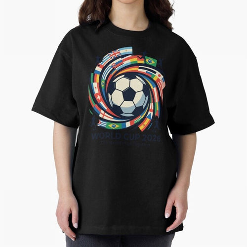 2D World Cup 2026 Football Spiral Flag Design T-Shirt Oversized T-Shirt Step into FIFA World Cup 2026 USA Canada Mexico Driven by CR7 and Messi, Argentina and Brazil Energy, Worldwide Fan Energy, Dramatic Goals, Stadium Lights and Championship