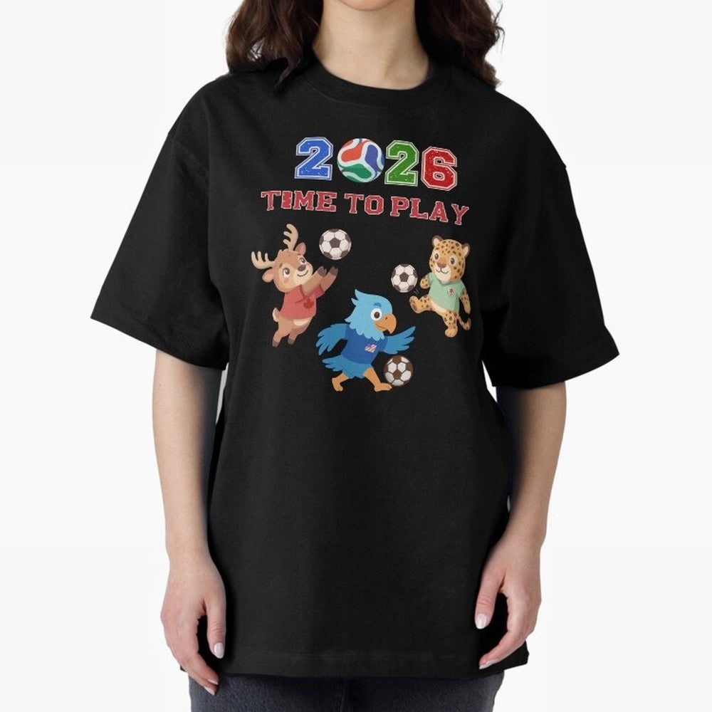 Soccer Mascots 2026 USA Mexico Canada Time To Play Oversized T-Shirt Show Your Tournament Heart for FIFA World Cup 2026 USA Canada Mexico Highlighting Neymar, Brazil, Portugal and Argentina Energy, Stadium Memories, Football Loyalty, International