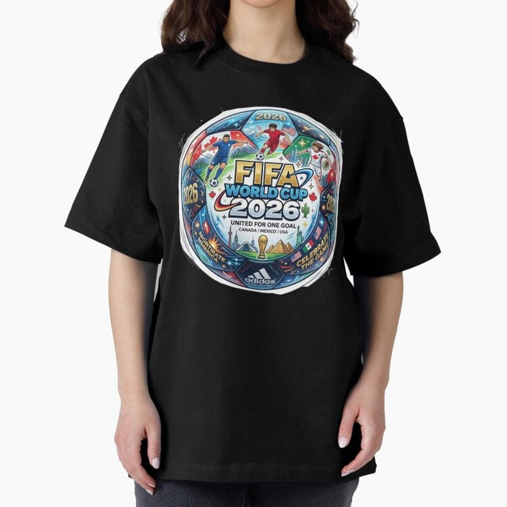 FIFA World Cup 2026 Official Match Ball Concept Art - Canada Mexico USA Oversized T-Shirt Relive FIFA World Cup 2026 Group Stage Spirit, Featuring Portugal, Spain and Germany, Neymar, Haaland and Cristiano Ronaldo, Football Festival Excitement,