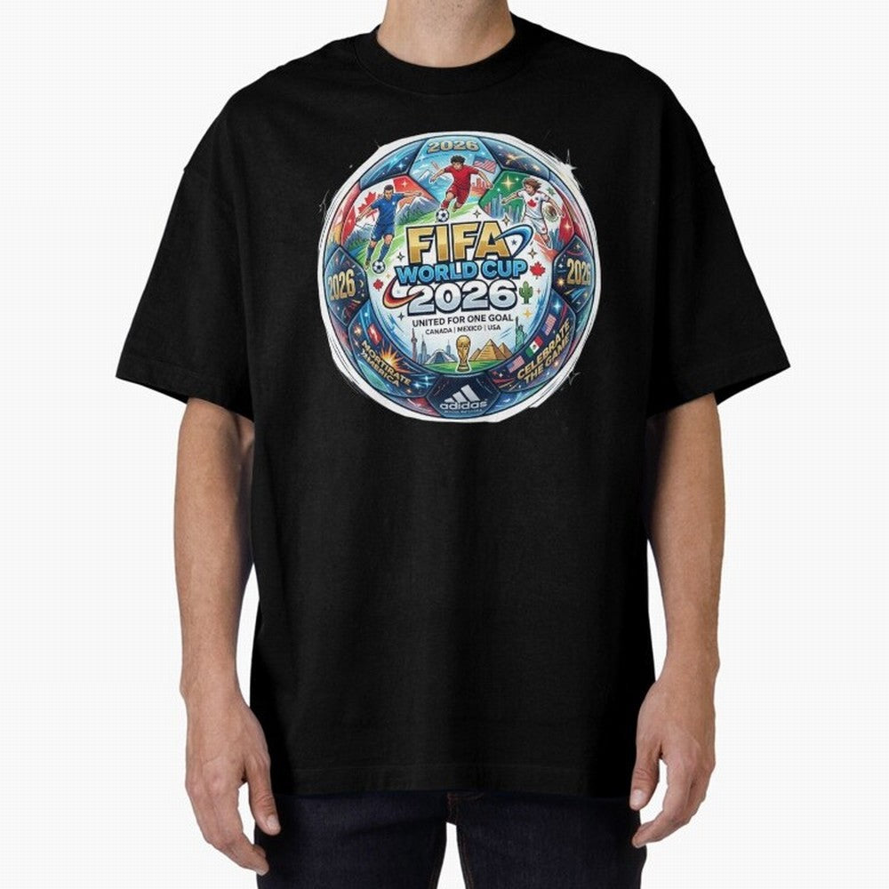 FIFA World Cup 2026 Official Match Ball Concept Art - Canada Mexico USA Oversized T-Shirt Relive FIFA World Cup 2026 Group Stage Spirit, Featuring Portugal, Spain and Germany, Neymar, Haaland and Cristiano Ronaldo, Football Festival Excitement,