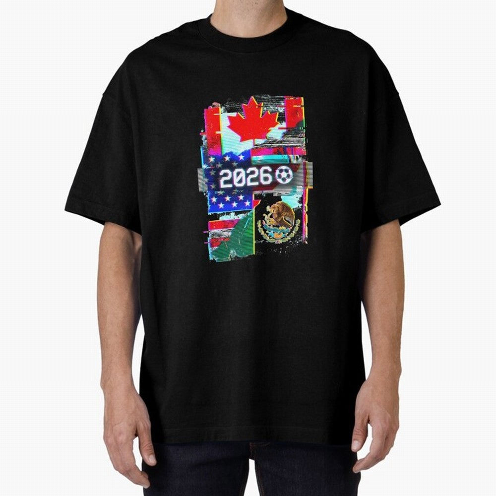 Glitched United 2026 - North America Tournament Emblem Oversized T-Shirt Live for the Drama of FIFA World Cup 2026 USA Canada Mexico for Fans of Mbappe and Neymar and England and Germany, Bringing Soccer Culture, Superstar Moments, National Team