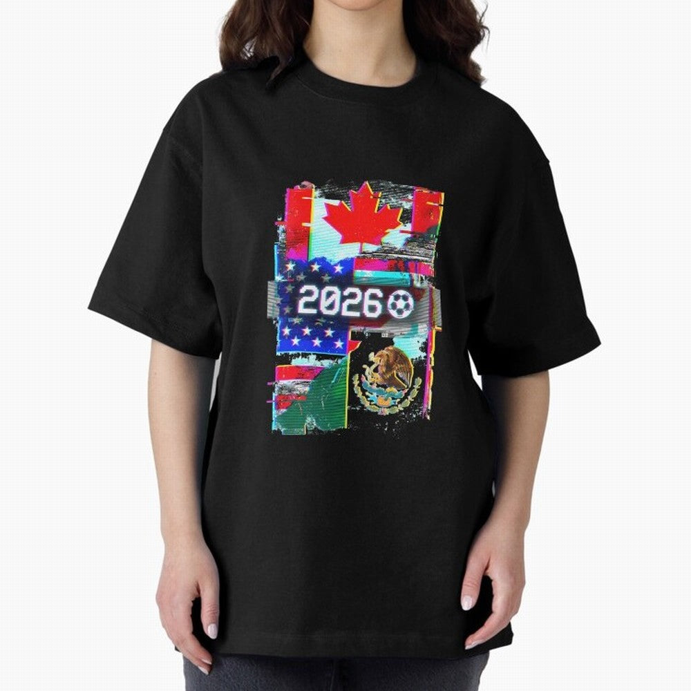 Glitched United 2026 - North America Tournament Emblem Oversized T-Shirt Live for the Drama of FIFA World Cup 2026 USA Canada Mexico for Fans of Mbappe and Neymar and England and Germany, Bringing Soccer Culture, Superstar Moments, National Team