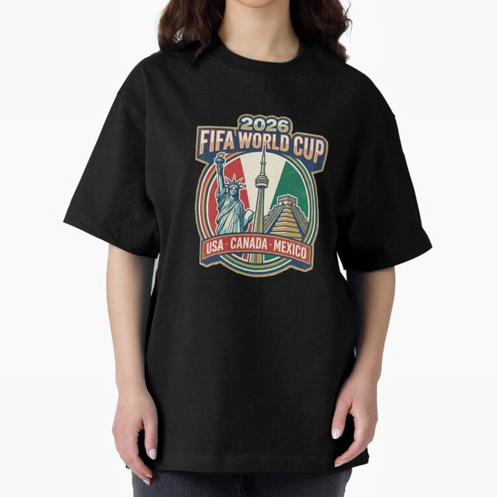 North America United Soccer 2026 Vintage Crest Oversized T-Shirt Celebrate Global Passion for FIFA World Cup 2026 Driven by Haaland and Mbappe, Spain and Netherlands Energy, Sports Nostalgia, International Competition, Famous Players and