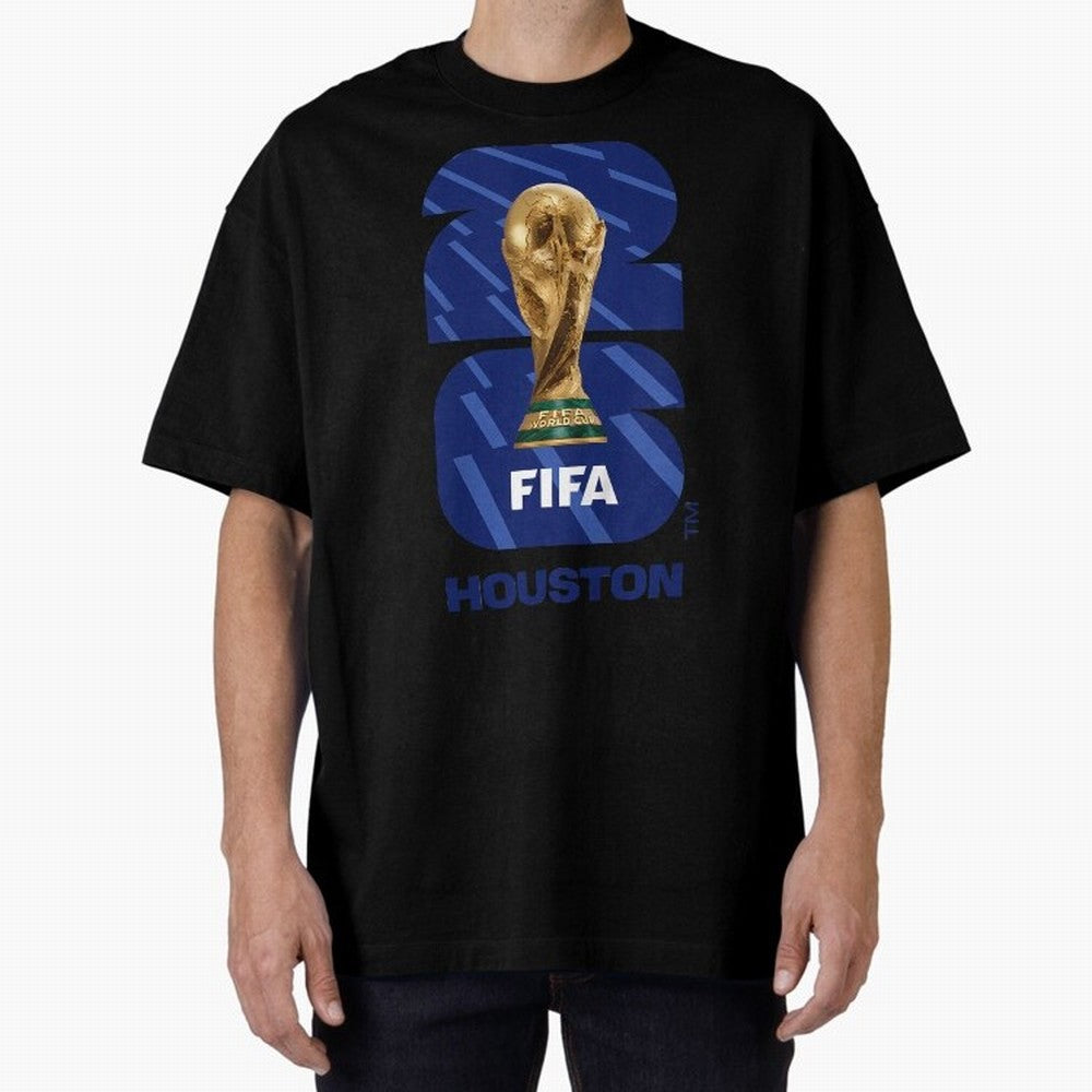 World Cup26 Houston Trophy Oversized T-Shirt Honor the Football Icons of FIFA World Cup 2026 USA Canada Mexico Spirit, Featuring Spain, Haaland and Mbappe, Match Day Excitement, Supporter Culture, Golden Goals and Global Football Passion; Great for