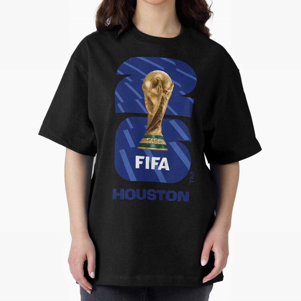World Cup26 Houston Trophy Oversized T-Shirt Honor the Football Icons of FIFA World Cup 2026 USA Canada Mexico Spirit, Featuring Spain, Haaland and Mbappe, Match Day Excitement, Supporter Culture, Golden Goals and Global Football Passion; Great for