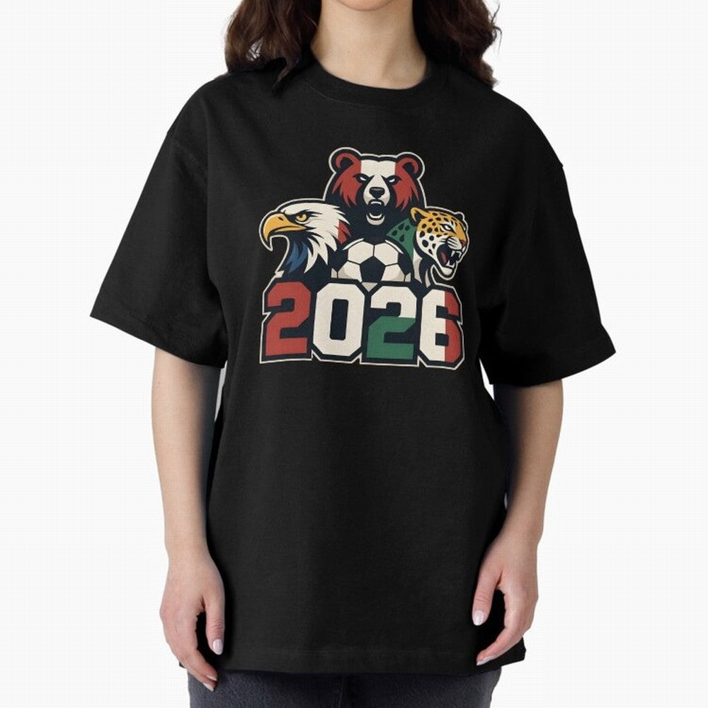World Cup 2026 USA Canada Mexico Host Mascots Oversized T-Shirt Stand with Match Day Hype around FIFA World Cup 2026, Haaland and Mbappe, Brazil, Portugal and Argentina, Tournament Hype, Historic Matchups, Family Viewing Parties and Global Sports