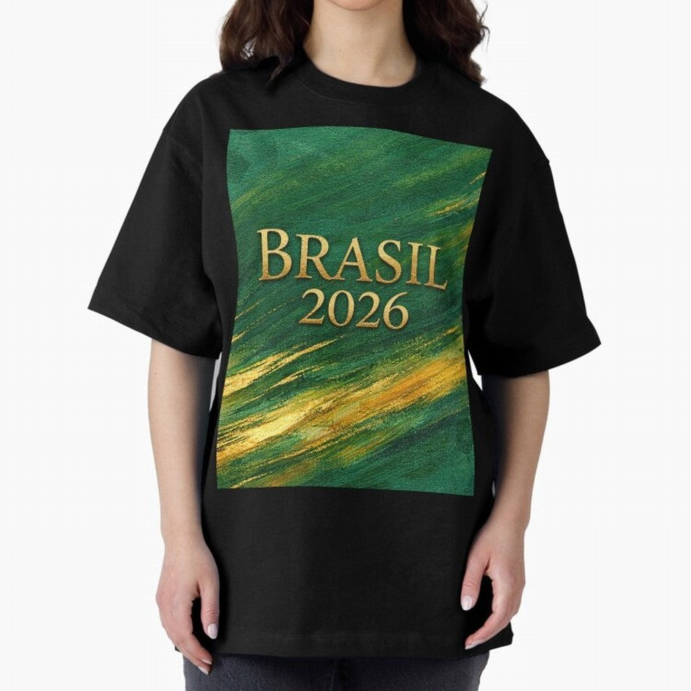 Brasil 2026 Gold Soccer Theme Oversized T-Shirt Embrace Global Football Passion for FIFA World Cup 2026, Capturing Mbappe and Neymar, Brazil, Portugal and Argentina, Retro Football Energy, Iconic Rivalries, Trophy Chase Drama and Stadium