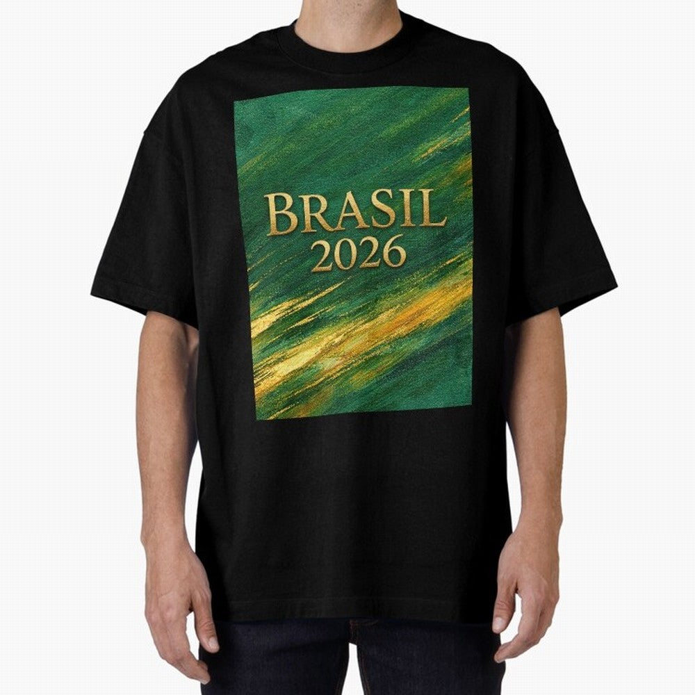 Brasil 2026 Gold Soccer Theme Oversized T-Shirt Embrace Global Football Passion for FIFA World Cup 2026, Capturing Mbappe and Neymar, Brazil, Portugal and Argentina, Retro Football Energy, Iconic Rivalries, Trophy Chase Drama and Stadium