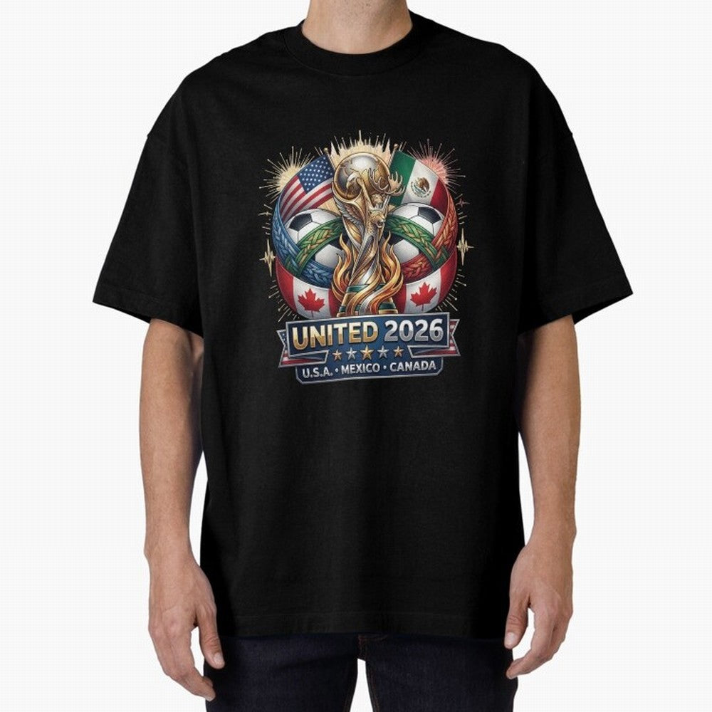 United 2026 Soccer Nations Trophy - USA Mexico Canada Mascot Art Oversized T-Shirt Enjoy the Biggest Football Party of Global Football Passion for FIFA World Cup 2026 USA Canada Mexico, Inspired by CR7, Germany, Global Supporter Spirit, Legendary