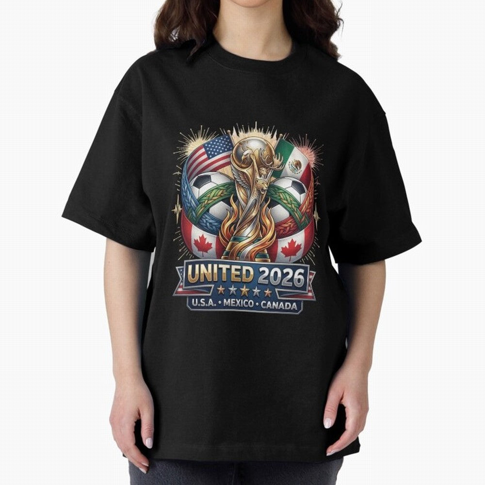 United 2026 Soccer Nations Trophy - USA Mexico Canada Mascot Art Oversized T-Shirt Enjoy the Biggest Football Party of Global Football Passion for FIFA World Cup 2026 USA Canada Mexico, Inspired by CR7, Germany, Global Supporter Spirit, Legendary