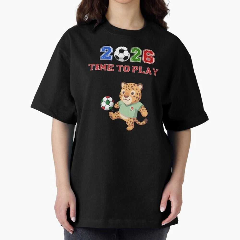 Mexico Soccer Jaguar Mascot 2026 Time To Play Football Oversized T-Shirt Join the Global Buzz around the FIFA World Cup 2026 Journey through Messi and Cristiano Ronaldo Highlights, Spain and Netherlands Pride, Goal Celebration Energy, Supporter