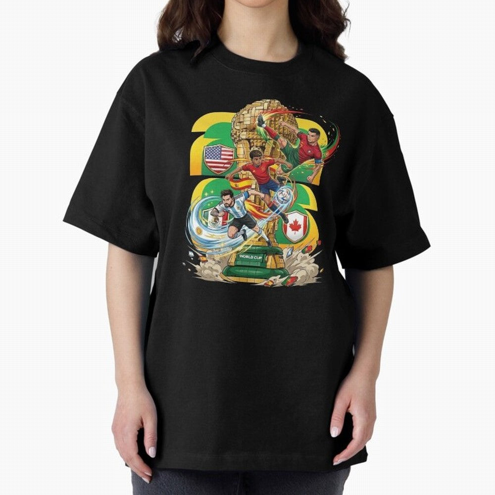 World Cup Teams 2026 Oversized T-Shirt Fuel FIFA World Cup 2026 USA Canada Mexico Spirit, Celebrating Spain, Messi and Cristiano Ronaldo, Retro Football Energy, Iconic Rivalries, Trophy Chase Drama and Stadium Atmosphere; Great for Supporters Who