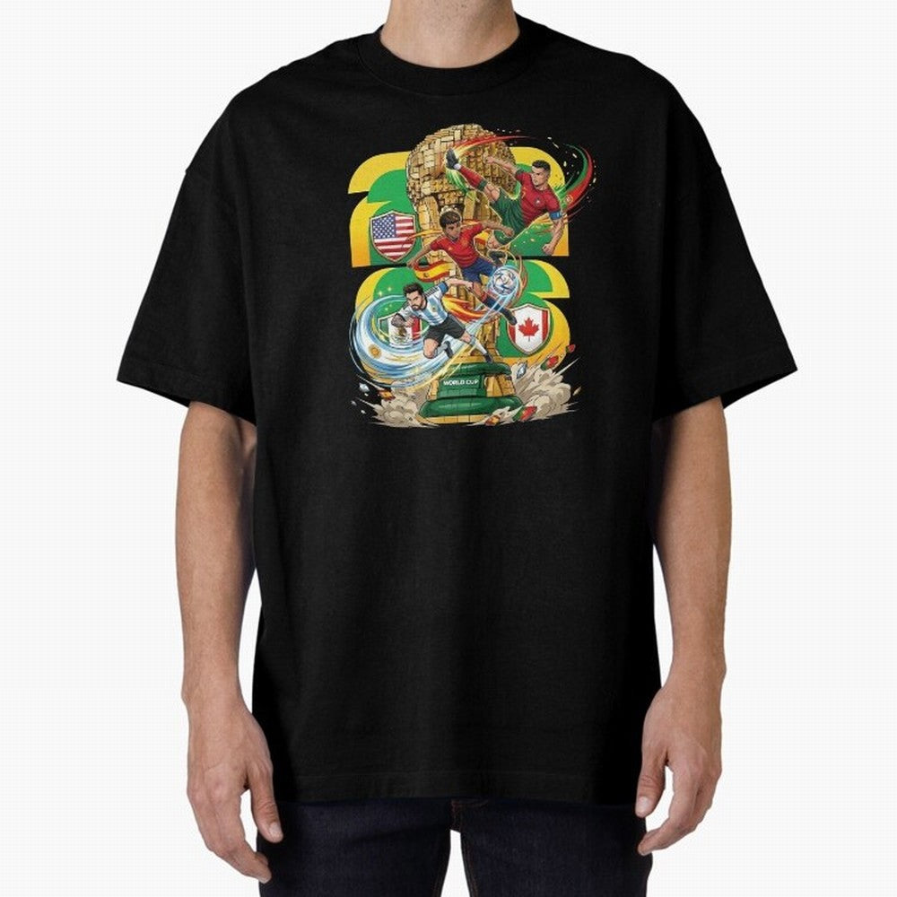 World Cup Teams 2026 Oversized T-Shirt Fuel FIFA World Cup 2026 USA Canada Mexico Spirit, Celebrating Spain, Messi and Cristiano Ronaldo, Retro Football Energy, Iconic Rivalries, Trophy Chase Drama and Stadium Atmosphere; Great for Supporters Who