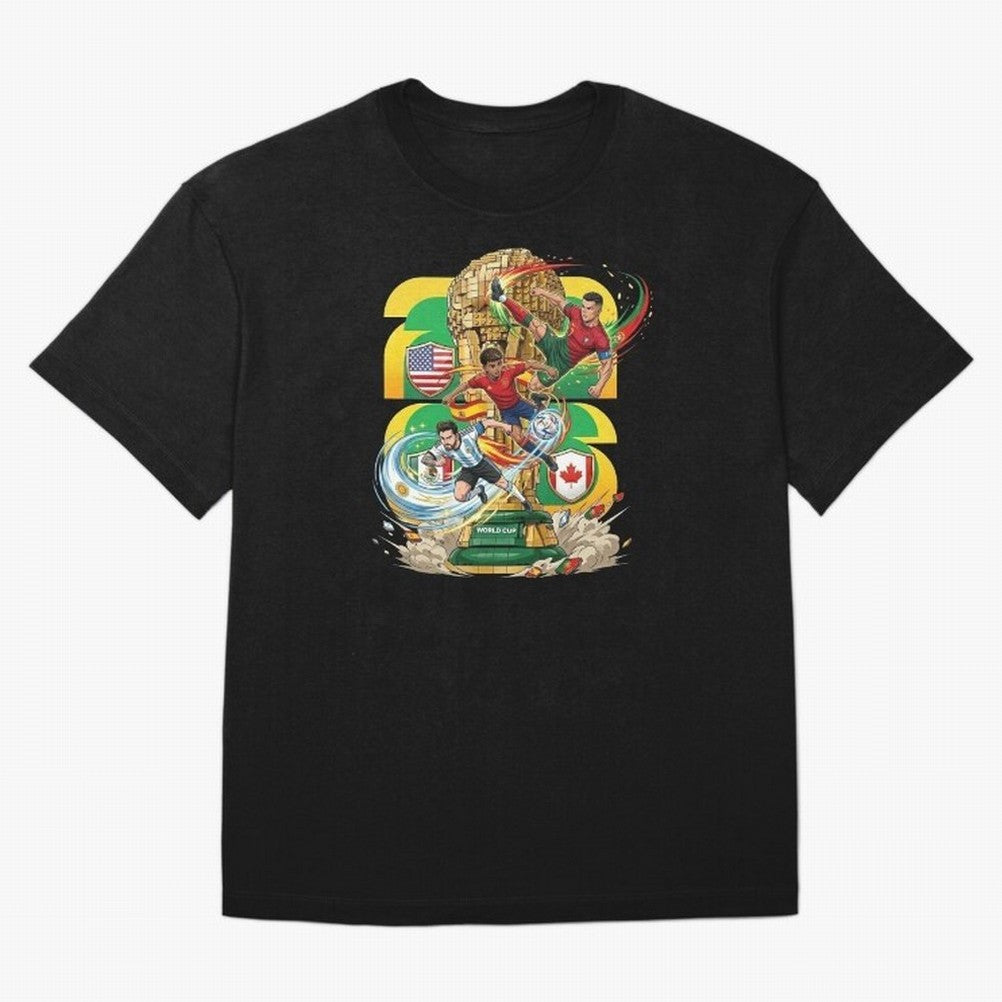 World Cup Teams 2026 Oversized T-Shirt Fuel FIFA World Cup 2026 USA Canada Mexico Spirit, Celebrating Spain, Messi and Cristiano Ronaldo, Retro Football Energy, Iconic Rivalries, Trophy Chase Drama and Stadium Atmosphere; Great for Supporters Who