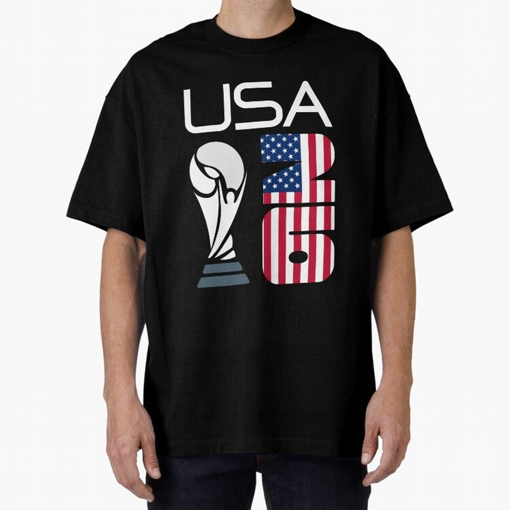 USA 2026 Soccer World Cup Trophy American Flag Design Oversized T-Shirt Cheer through Every Moment of FIFA World Cup 2026 Group Stage Spirit, Featuring Netherlands, Messi, CR7 and Mbappe, Championship Spirit, Famous Goals, Roaring Crowds and