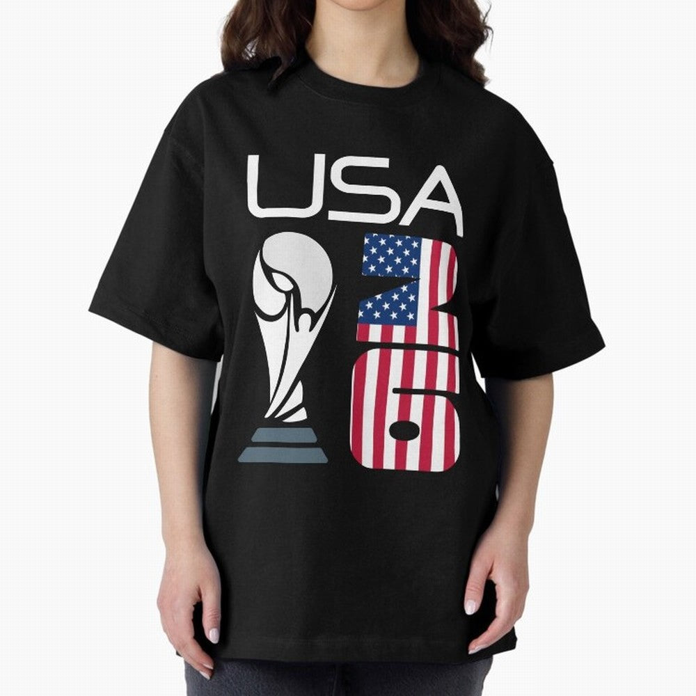 USA 2026 Soccer World Cup Trophy American Flag Design Oversized T-Shirt Cheer through Every Moment of FIFA World Cup 2026 Group Stage Spirit, Featuring Netherlands, Messi, CR7 and Mbappe, Championship Spirit, Famous Goals, Roaring Crowds and