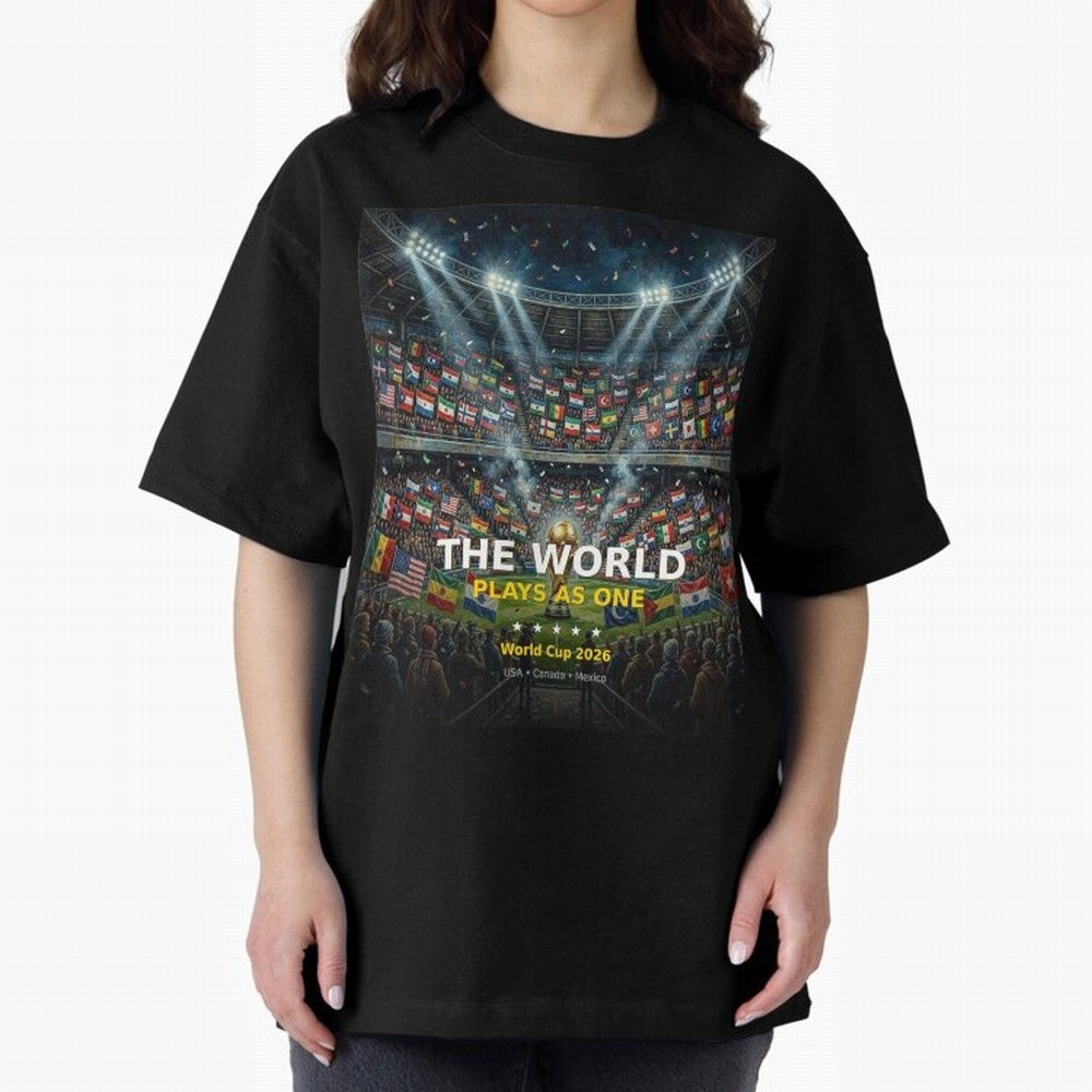 The World Plays As One - World Cup 2026 Soccer Fan Tee Oversized T-Shirt Bring a Vintage Feel to the FIFA World Cup 2026 Journey through Cristiano Ronaldo, Haaland and CR7 Highlights, Brazil, Portugal and Argentina Pride, Soccer Culture, Superstar