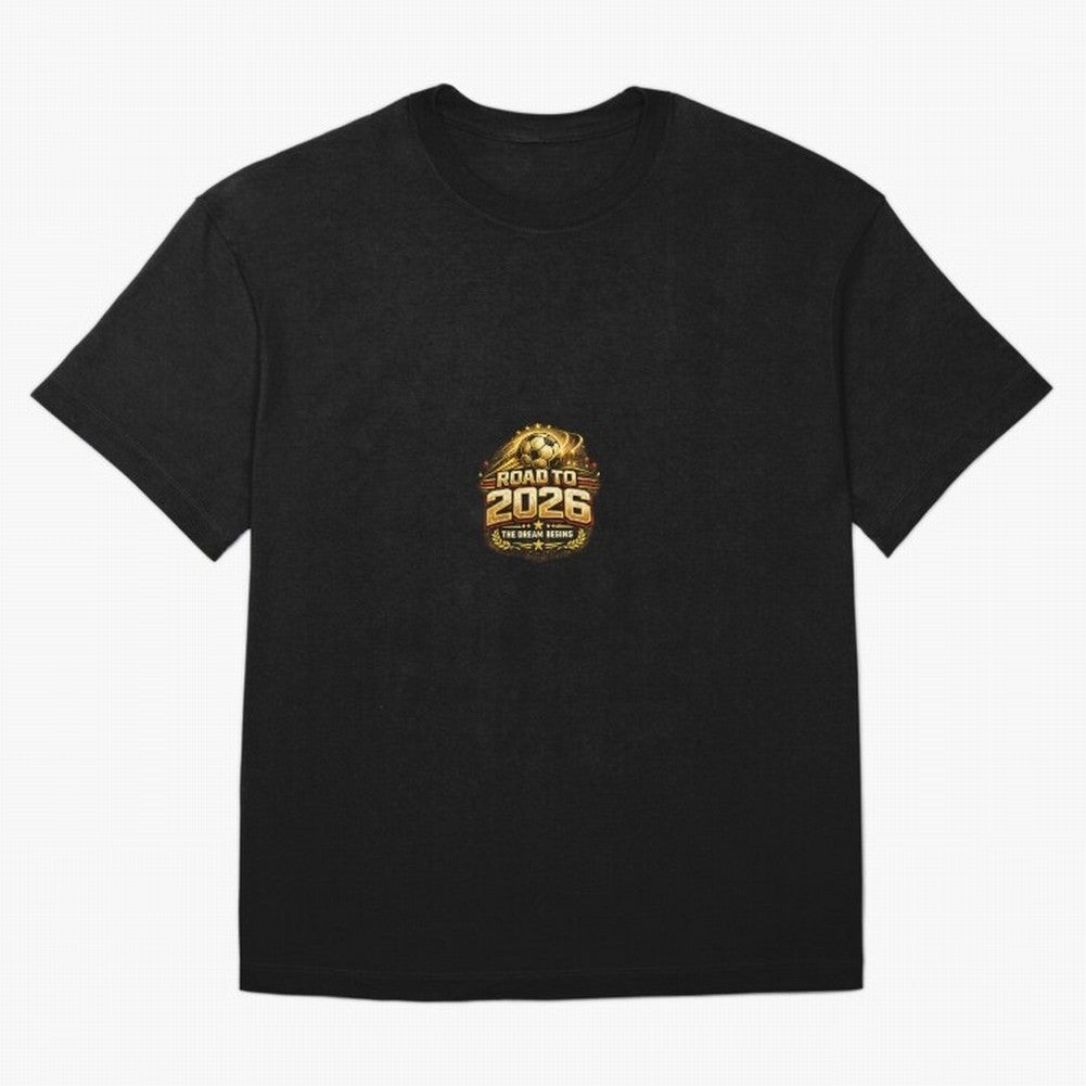 Road To 2026 Football Fan Shirt Oversized T-Shirt Experience FIFA World Cup 2026 USA Canada Mexico Highlighting Mbappe, Brazil, Portugal and Argentina Energy, Global Supporter Spirit, Legendary Goals, National Colors and Tournament Celebration;