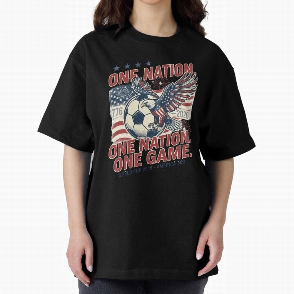 One Nation One Game World Cup 2026 Oversized T-Shirt Celebrate FIFA World Cup 2026 for Fans of Messi and England and Germany, Bringing Football Festival Excitement, Trophy Ambitions, Country Rivalries and Star Player Buzz; Perfect for Supporters