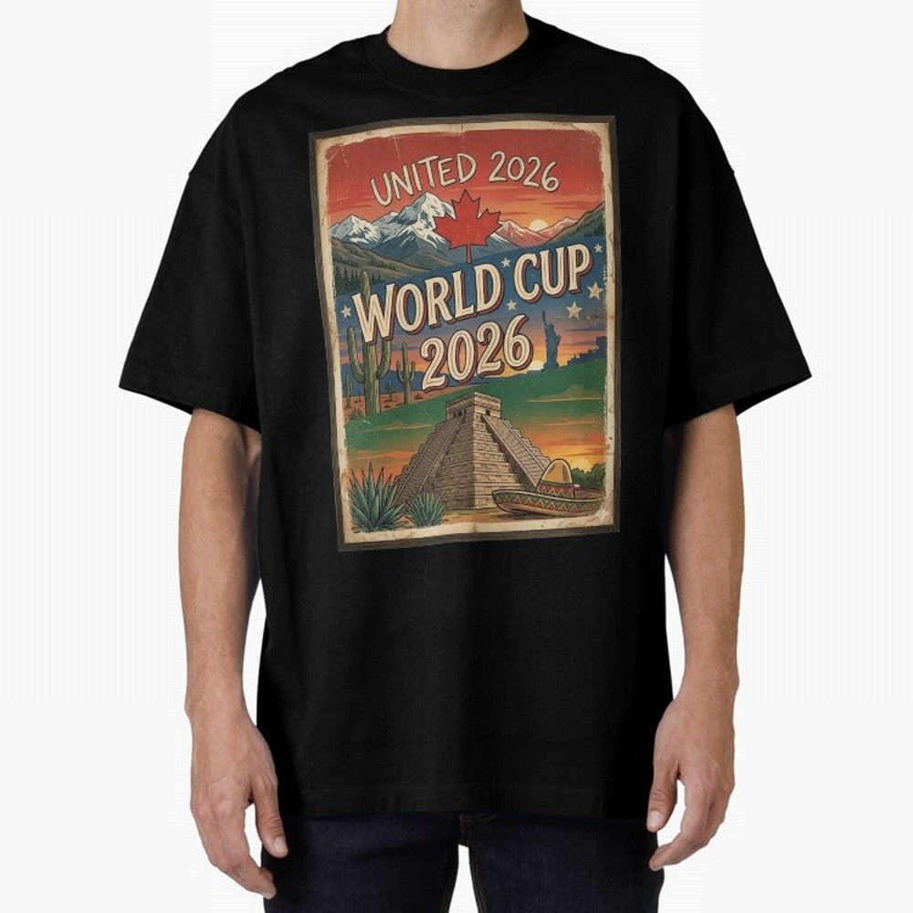 United 2026 World Cup ¨C Vintage North America Soccer Poster Oversized T-Shirt Celebrate Global Passion for the FIFA World Cup 2026 Group Stage Journey through Neymar, Haaland and Cristiano Ronaldo Highlights, Argentina Pride, Retro Football