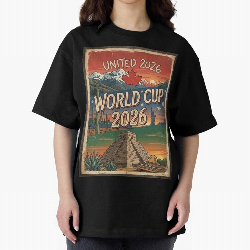 United 2026 World Cup ¨C Vintage North America Soccer Poster Oversized T-Shirt Celebrate Global Passion for the FIFA World Cup 2026 Group Stage Journey through Neymar, Haaland and Cristiano Ronaldo Highlights, Argentina Pride, Retro Football