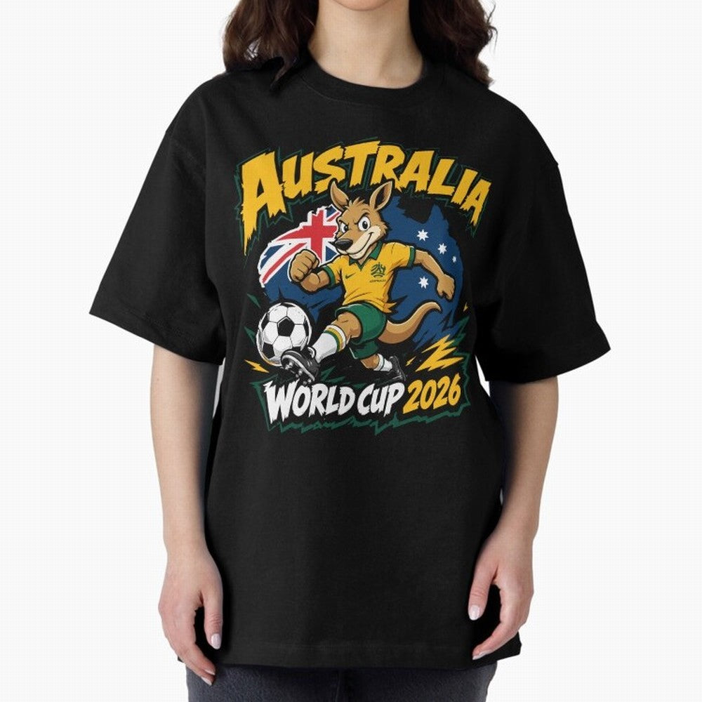 Australia World Cup 2026 Kangaroo Soccer Fan Art Oversized T-Shirt Bring Global Tournament Vibes to FIFA World Cup 2026 USA Canada Mexico Driven by Neymar, Haaland and Cristiano Ronaldo, Brazil, Portugal and Argentina Energy, Champion Mindset,