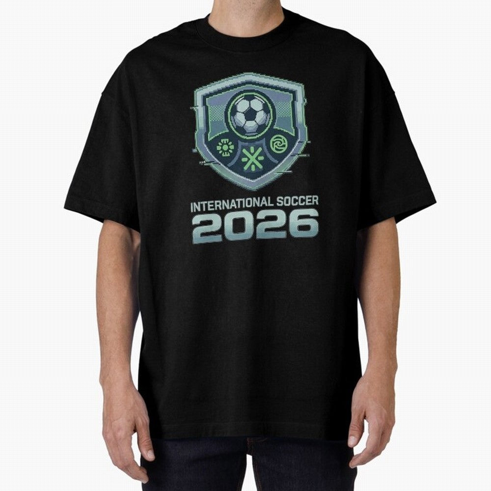 International Soccer 2026 Retro Pixel Glitch Crest Oversized T-Shirt Enjoy the Biggest Football Party of Global Football Passion for FIFA World Cup 2026 Group Stage, Celebrating CR7 and Messi, Argentina, France and Brazil, Classic Soccer Heritage,