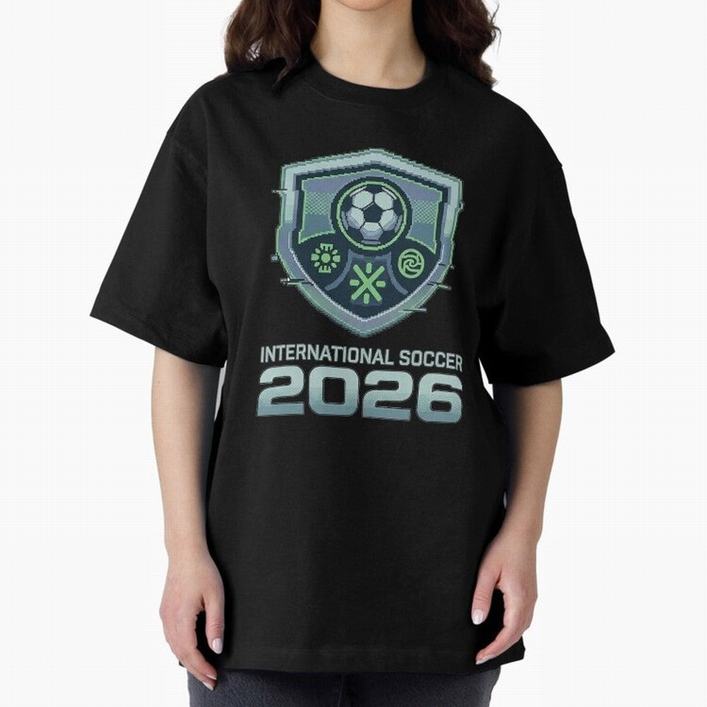 International Soccer 2026 Retro Pixel Glitch Crest Oversized T-Shirt Enjoy the Biggest Football Party of Global Football Passion for FIFA World Cup 2026 Group Stage, Celebrating CR7 and Messi, Argentina, France and Brazil, Classic Soccer Heritage,