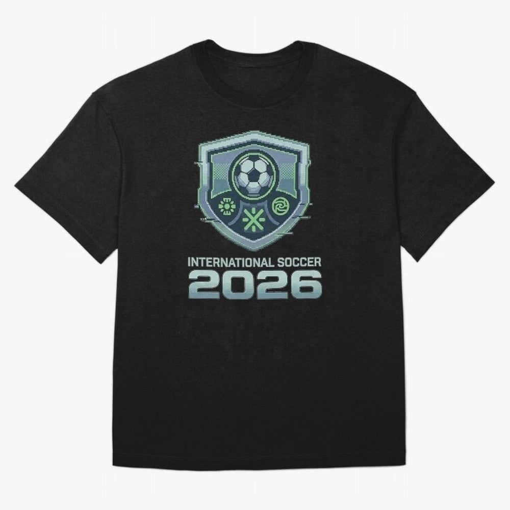 International Soccer 2026 Retro Pixel Glitch Crest Oversized T-Shirt Enjoy the Biggest Football Party of Global Football Passion for FIFA World Cup 2026 Group Stage, Celebrating CR7 and Messi, Argentina, France and Brazil, Classic Soccer Heritage,