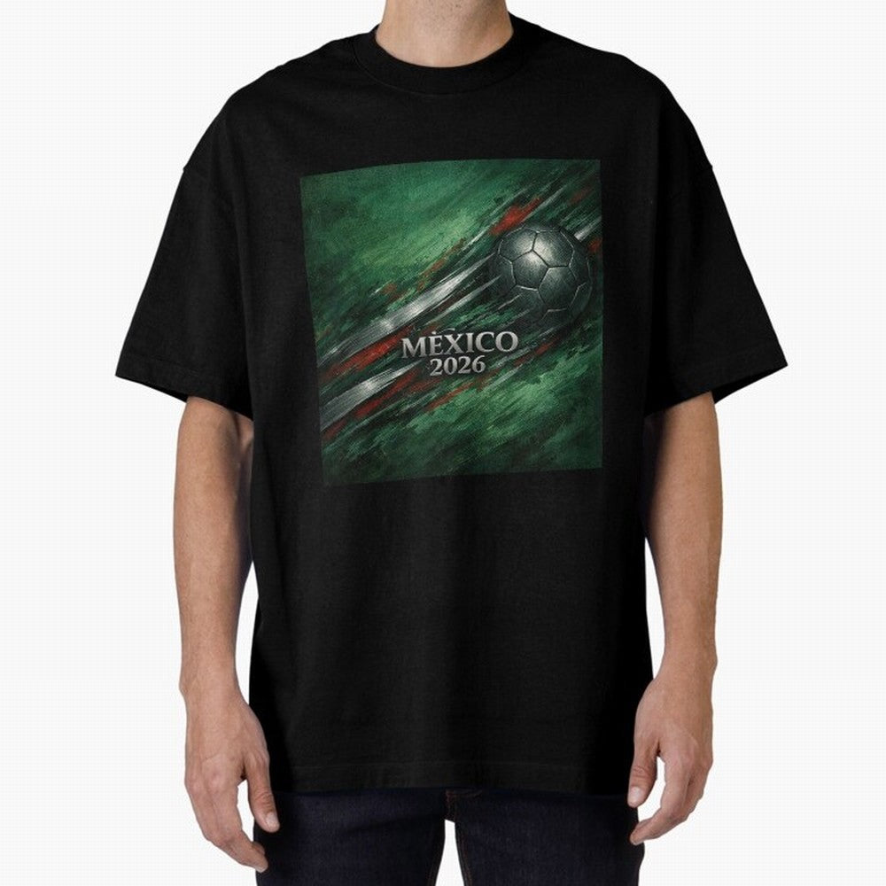 Mexico 2026 Football with Metallic Silver Line Oversized T-Shirt Share the Excitement of Global Football Passion for FIFA World Cup 2026, Celebrating Neymar, Spain, Vintage Soccer Flavor, Modern Football Stars, National Flags and Final Night