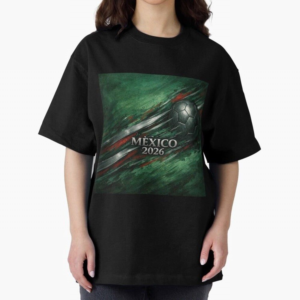Mexico 2026 Football with Metallic Silver Line Oversized T-Shirt Share the Excitement of Global Football Passion for FIFA World Cup 2026, Celebrating Neymar, Spain, Vintage Soccer Flavor, Modern Football Stars, National Flags and Final Night