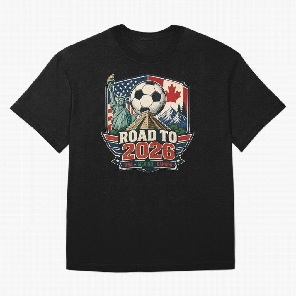 Road to 2026 USA Mexico Canada Soccer Design Oversized T-Shirt Celebrate Unforgettable Nights in Match Day Hype around FIFA World Cup 2026 Group Stage, Messi, Spain, Fan Favorite Moments, National Team Passion, Big Match Drama and Soccer History;