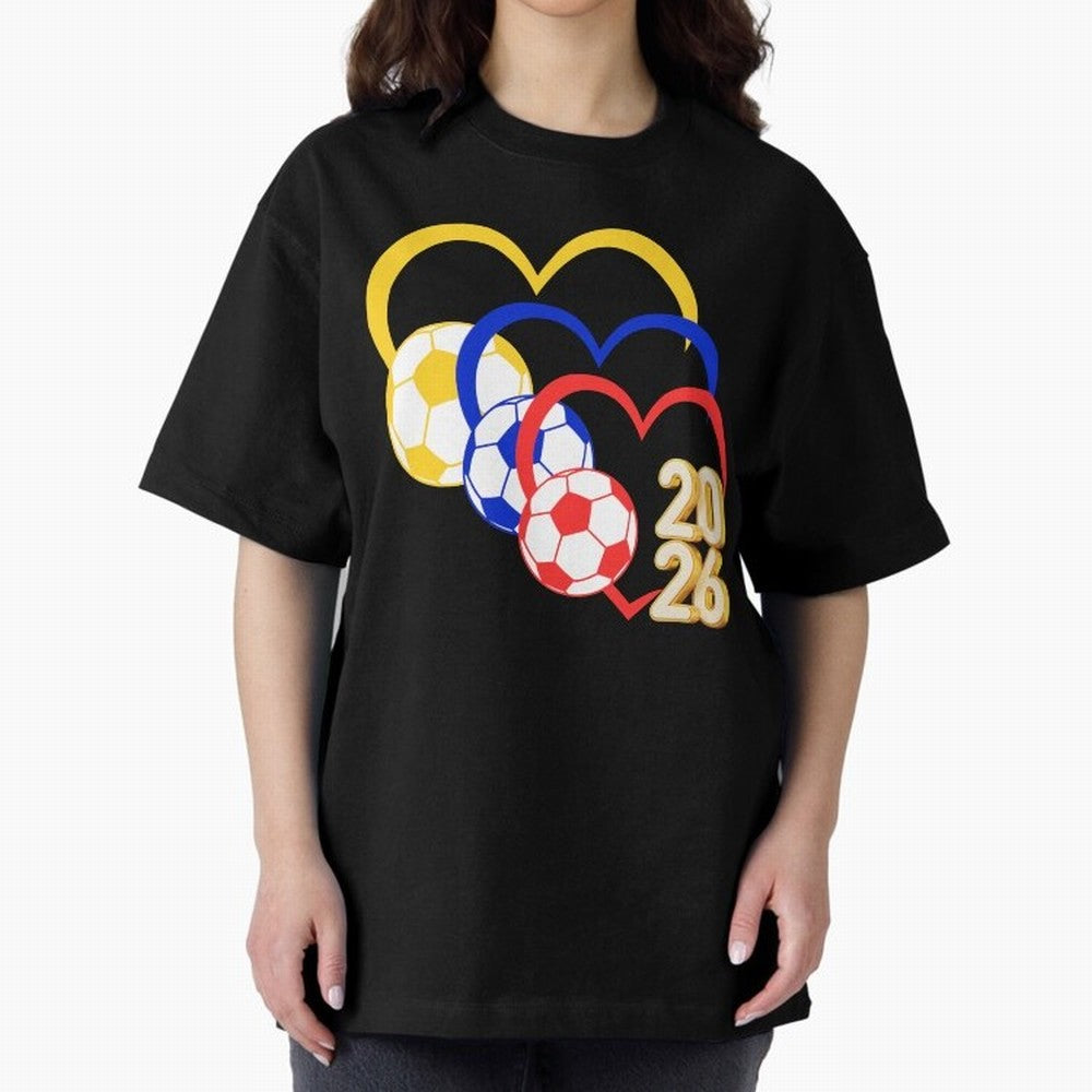 Football 2026 Hearts Colombia Sports Design Oversized T-Shirt Stand with FIFA World Cup 2026 USA Canada Mexico Centered on Haaland and Mbappe, Netherlands Energy, Goal Celebration Energy, Supporter Heritage, Football Icons and Worldwide Tournament