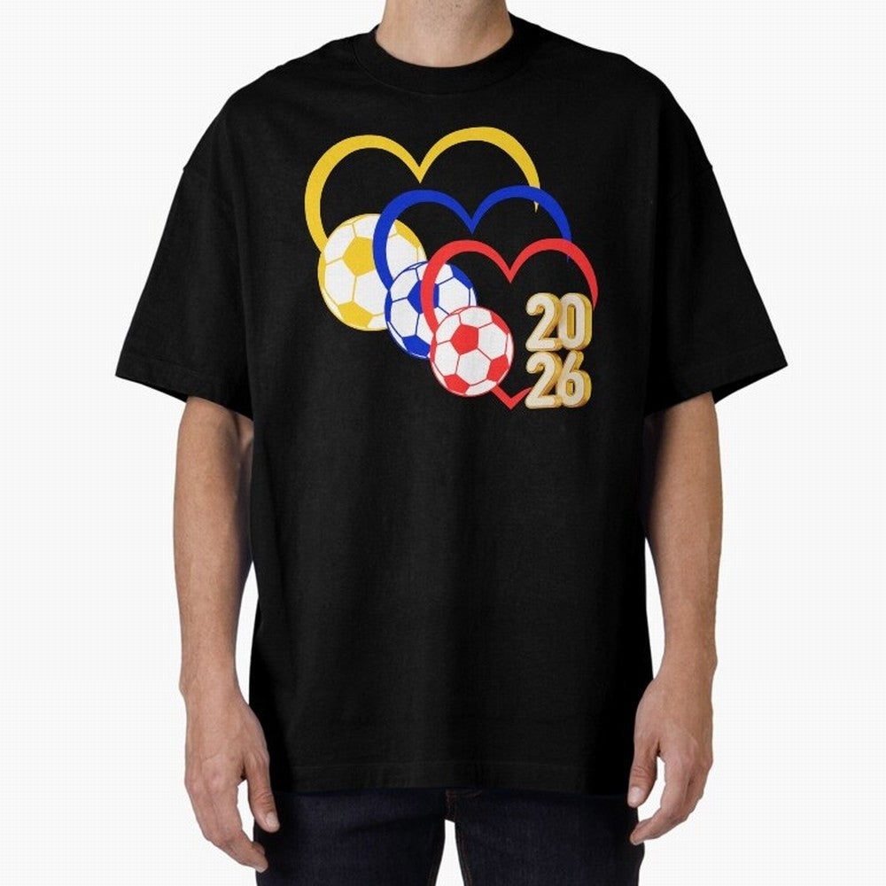 Football 2026 Hearts Colombia Sports Design Oversized T-Shirt Stand with FIFA World Cup 2026 USA Canada Mexico Centered on Haaland and Mbappe, Netherlands Energy, Goal Celebration Energy, Supporter Heritage, Football Icons and Worldwide Tournament