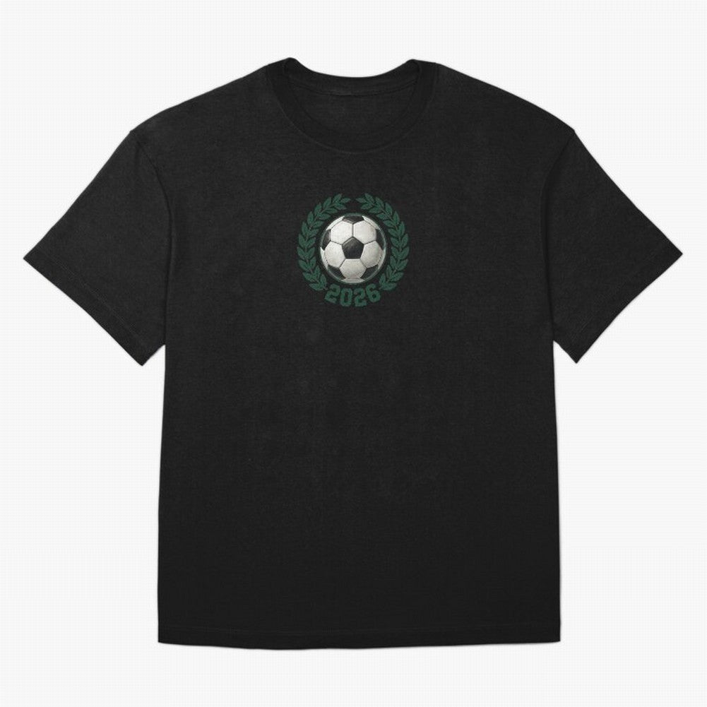 Retro Soccer 2026 Varsity Laurel Wreath Graphic Oversized T-Shirt Embrace Global Football Passion for FIFA World Cup 2026 Group Stage, with Messi, Brazil, Classic Soccer Heritage, Championship Pressure, Fan Loyalty and International Pride; Created