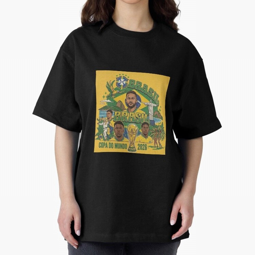 Brazil Football 2026 ¨C Retro World Cup Fan Art Oversized T-Shirt Bring Retro Soccer Energy to the FIFA World Cup 2026 USA Canada Mexico Journey through CR7 and Messi Highlights, England, France and Netherlands Pride, Global Supporter Spirit,