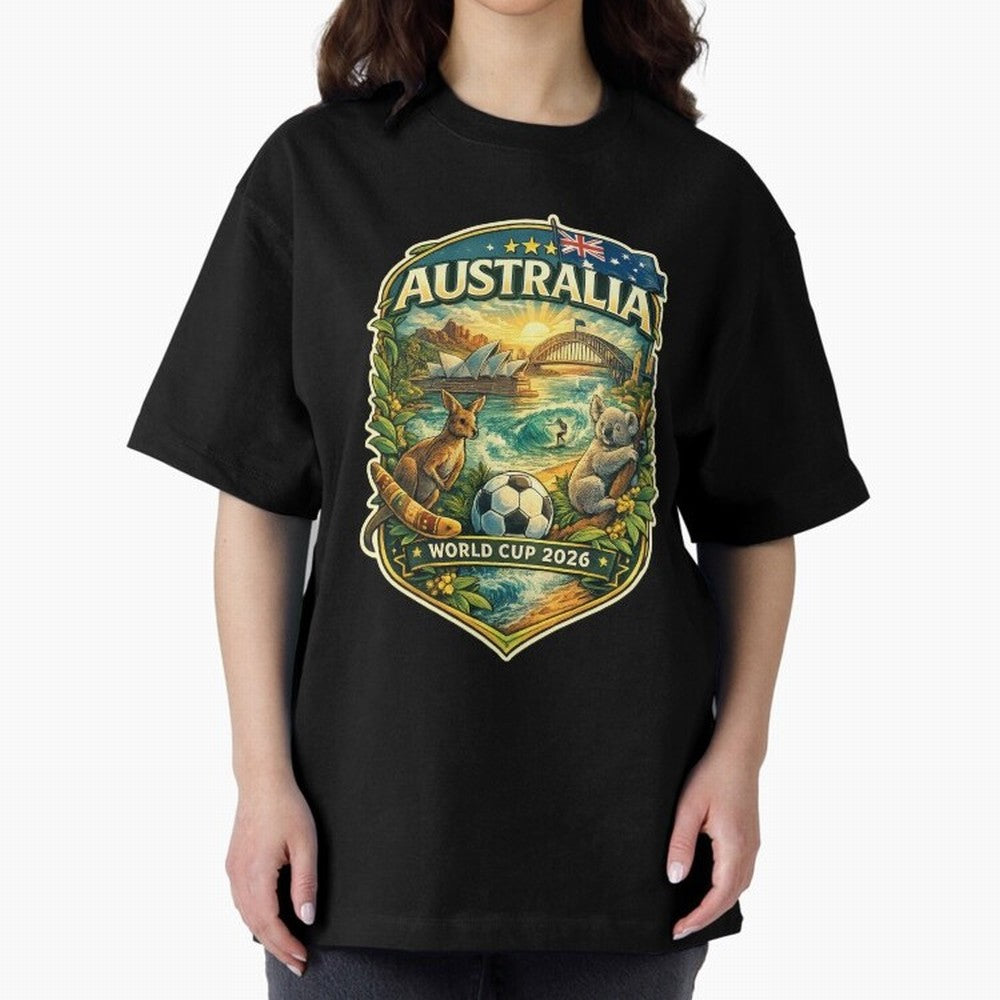 Australia FIFA World Cup 2026 Sydney Opera House Outback Kangaroo Coast Oversized T-Shirt Represent FIFA World Cup 2026 USA Canada Mexico for Fans of Mbappe and Brazil, Portugal and Argentina, Bringing Goal Celebration Energy, Supporter Heritage,