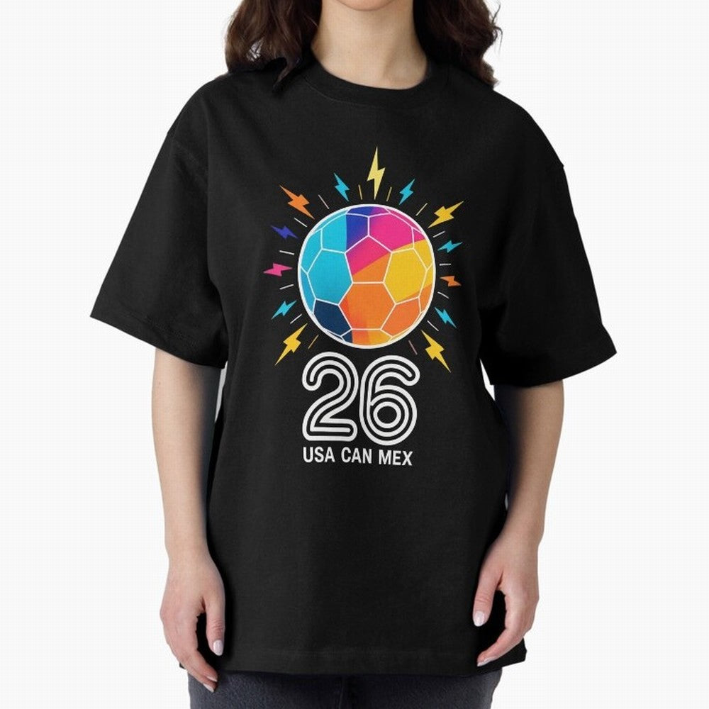 2026 Colorful Soccer Ball USA Canada Mexico 26 Oversized T-Shirt Celebrate the FIFA World Cup 2026 USA Canada Mexico Journey through Messi, Neymar and Mbappe Highlights, Argentina, France and Brazil Pride, Fan Favorite Moments, National Team