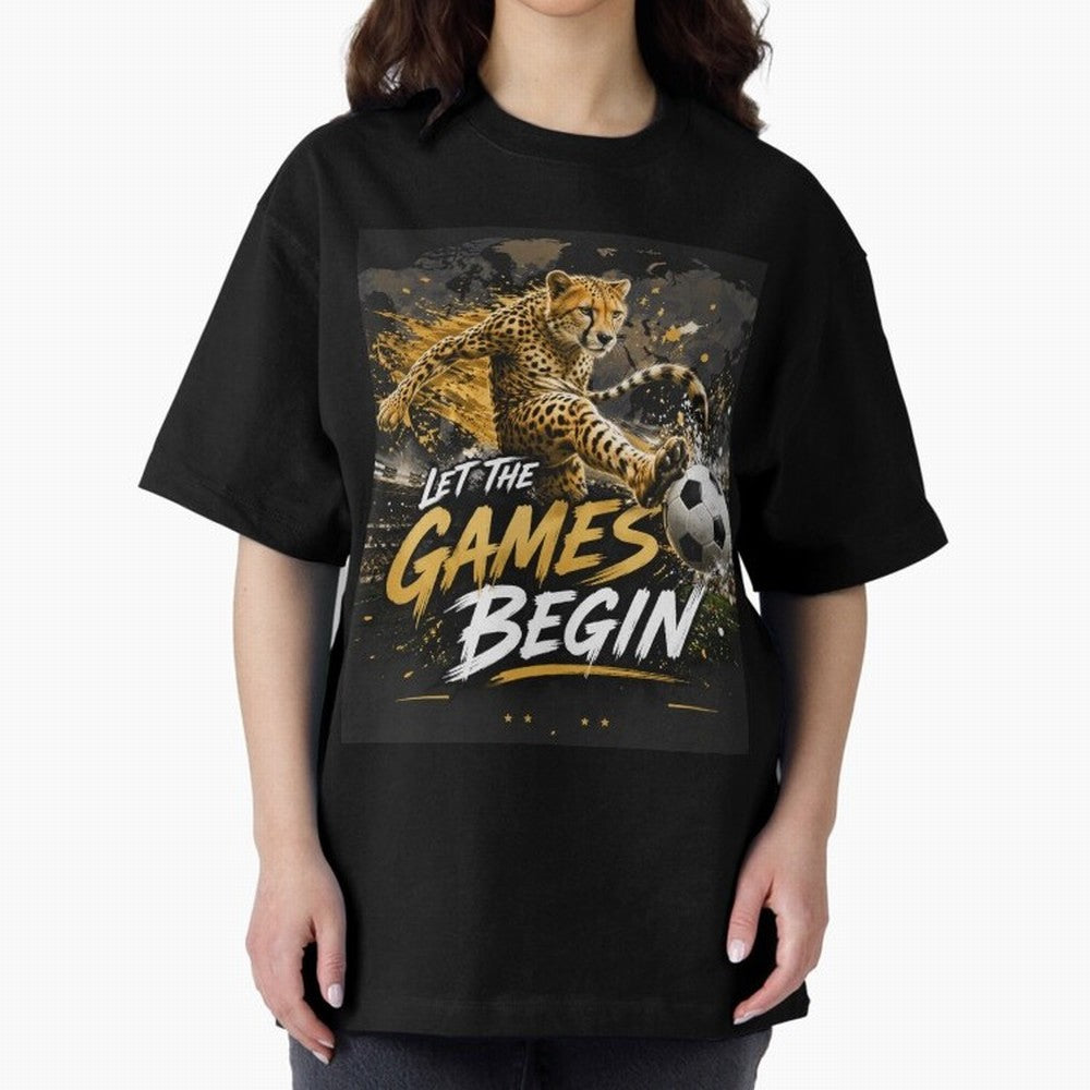Let The Games Begin-World Cup Soccer @026 Oversized T-Shirt Show Support during the FIFA World Cup 2026 Group Stage Journey through Messi, CR7 and Mbappe Highlights, Spain and Netherlands Pride, Football History, Final Match Energy, Crowd Noise and