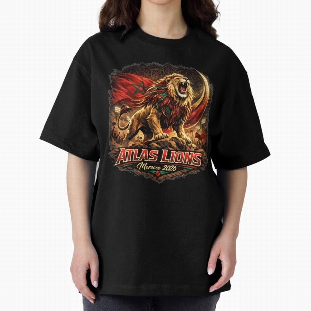 Morocco Football Fan - Atlas Lions Oversized T-Shirt Step into FIFA World Cup 2026 USA Canada Mexico for Fans of Mbappe and England, Bringing Goal Celebration Energy, Supporter Heritage, Football Icons and Worldwide Tournament Joy; Ideal for