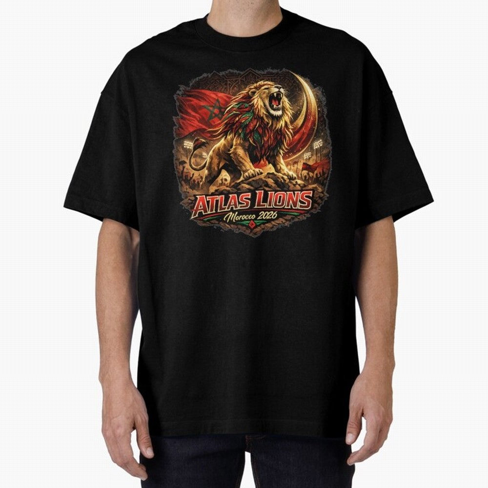 Morocco Football Fan - Atlas Lions Oversized T-Shirt Step into FIFA World Cup 2026 USA Canada Mexico for Fans of Mbappe and England, Bringing Goal Celebration Energy, Supporter Heritage, Football Icons and Worldwide Tournament Joy; Ideal for