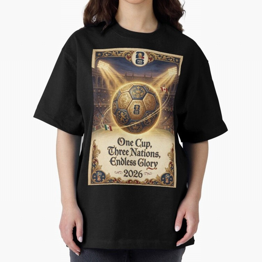 FIFA World Cup 2026 Poster Oversized T-Shirt Cheer through Every Moment of Global Football Passion for FIFA World Cup 2026 Group Stage, with Messi, France, Match Day Excitement, Supporter Culture, Golden Goals and Global Football Passion; Perfect