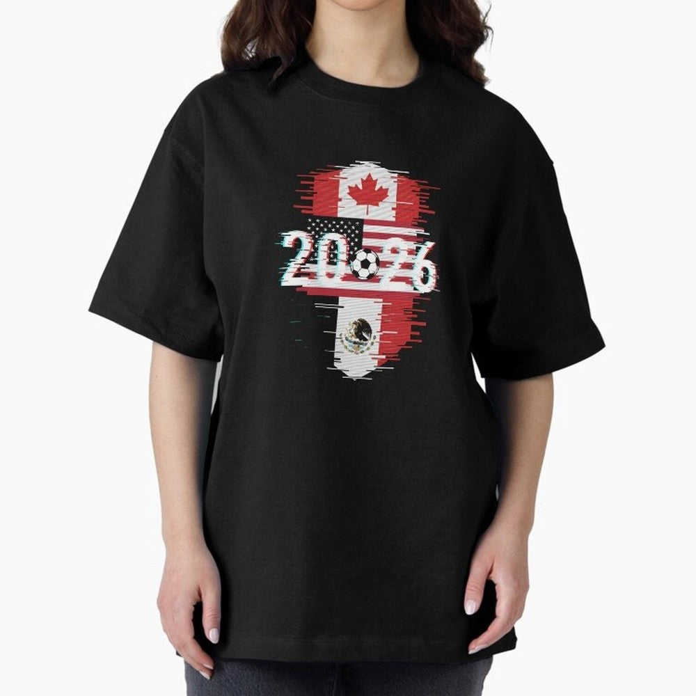 Glitched United 2026 - North America Emblem Cup T-Shirt_82794505 Oversized T-Shirt Stand Proud for FIFA World Cup 2026 Spirit, Filled with Portugal, Spain and Germany, Neymar, Haaland and Cristiano Ronaldo, Football Festival Excitement, Trophy