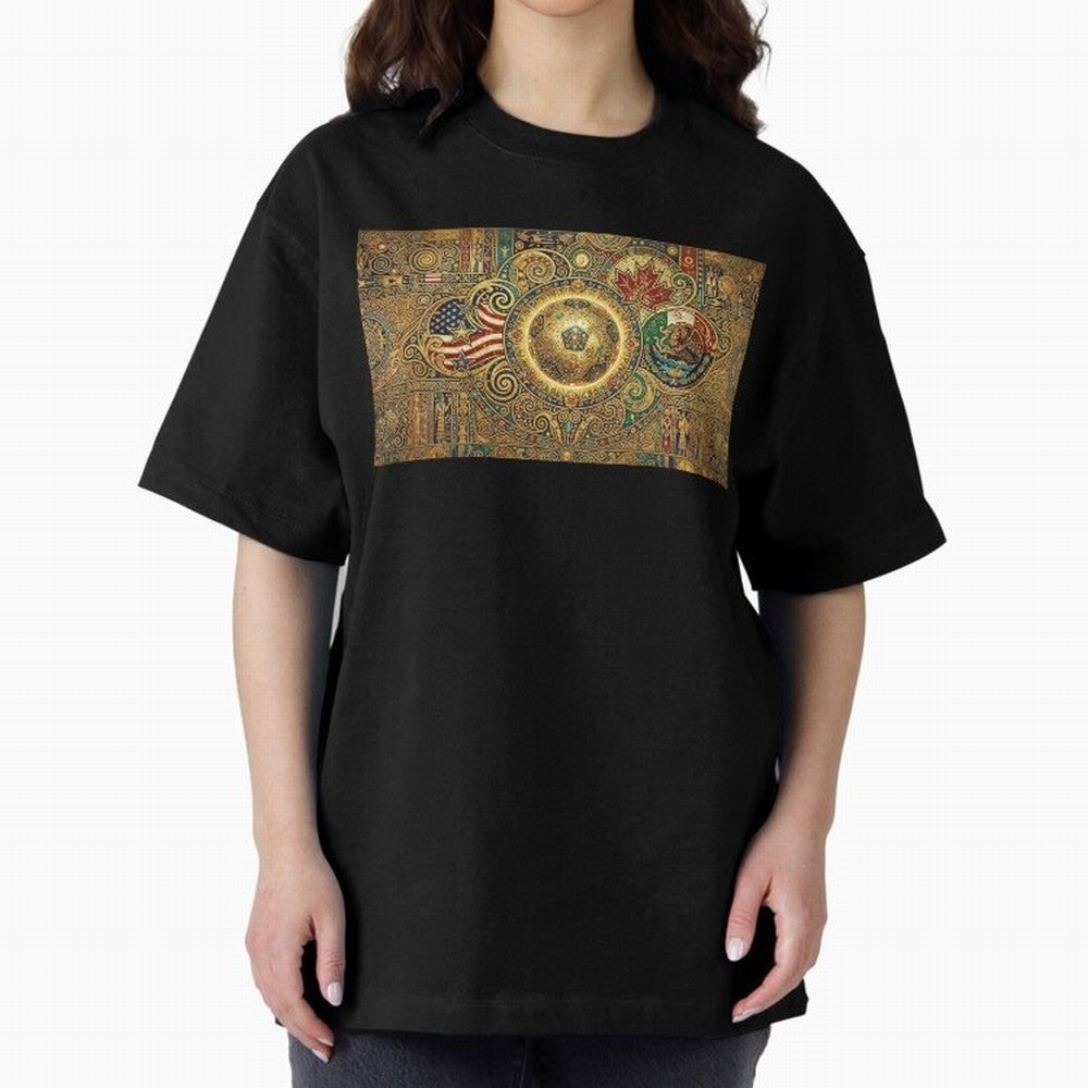 Ornate Soccer Emblem with Flags Oversized T-Shirt Bring Retro Soccer Energy to FIFA World Cup 2026 Spirit, Filled with England, Messi, Stadium Chants, National Pride, Trophy Dreams and Unforgettable Football Memories; Created for Match Day Parties,