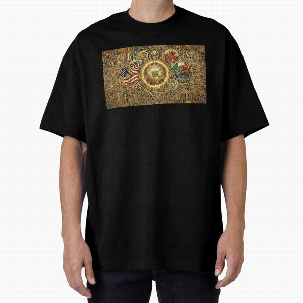 Ornate Soccer Emblem with Flags Oversized T-Shirt Bring Retro Soccer Energy to FIFA World Cup 2026 Spirit, Filled with England, Messi, Stadium Chants, National Pride, Trophy Dreams and Unforgettable Football Memories; Created for Match Day Parties,