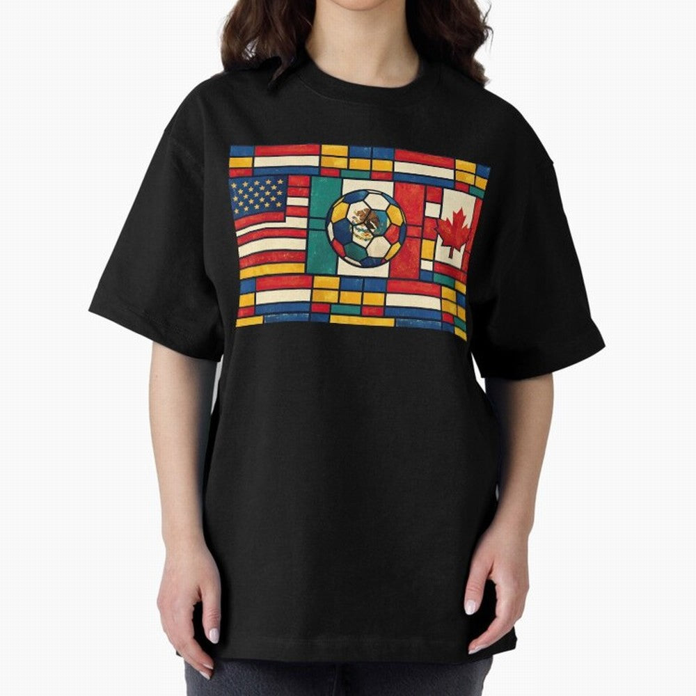 Elegant World Cup Stadiums Geometrical | Soccer Flags Mexico Canada USA Oversized T-Shirt Follow the Final Road of the FIFA World Cup 2026 Group Stage Journey through Mbappe Highlights, England Pride, Match Day Excitement, Supporter Culture, Golden