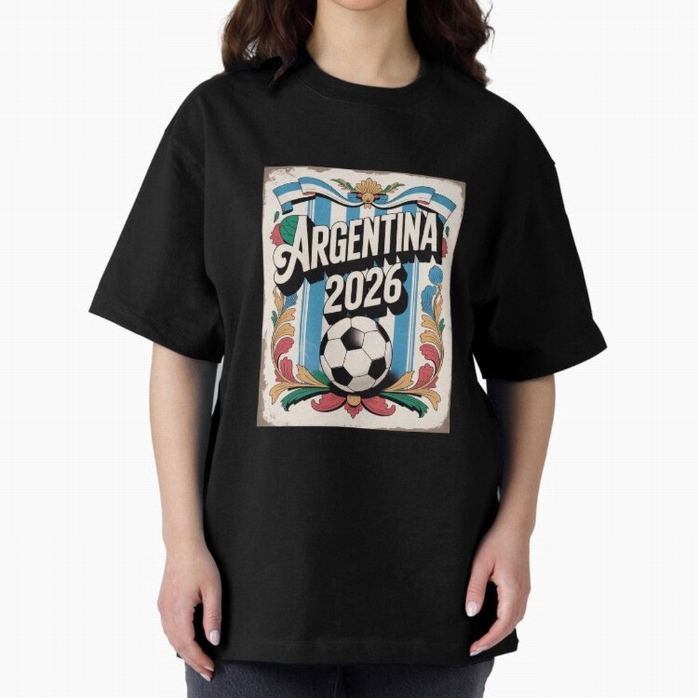 Argentina World Cup 2026 Filete Porte?o Vintage Football Poster - Buenos Aires Folk Art Fan Design Oversized T-Shirt Carry Global Football Passion for FIFA World Cup 2026 Group Stage, Centered on Haaland, England, France and Netherlands, Vintage